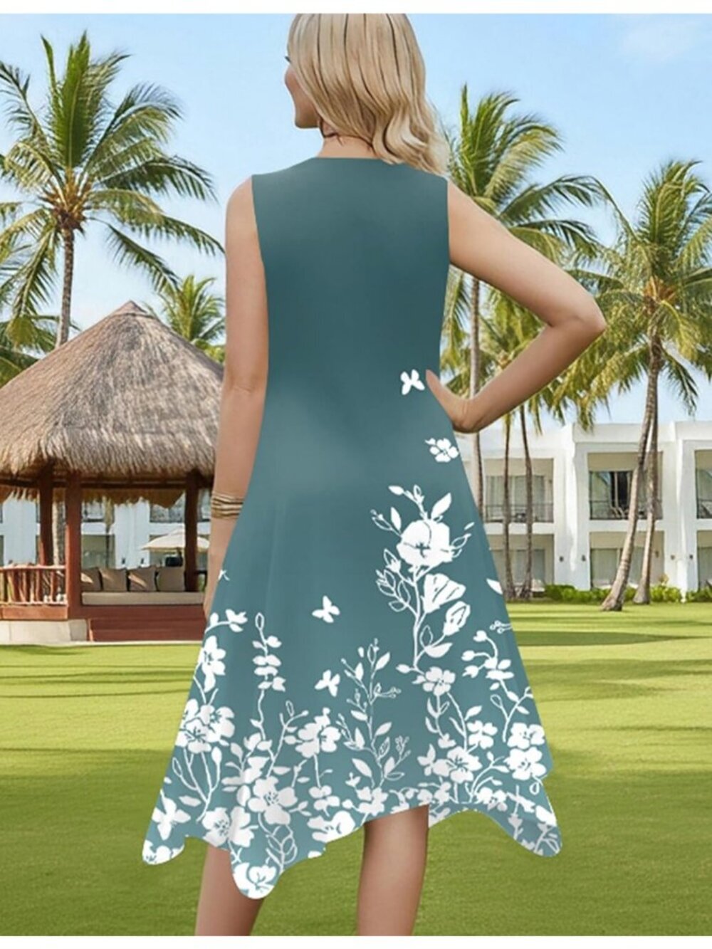 Hotouch Women's Floral Gray Green Sleeveless Sundress Hankerchief Beach Dress - Picture 6 of 6